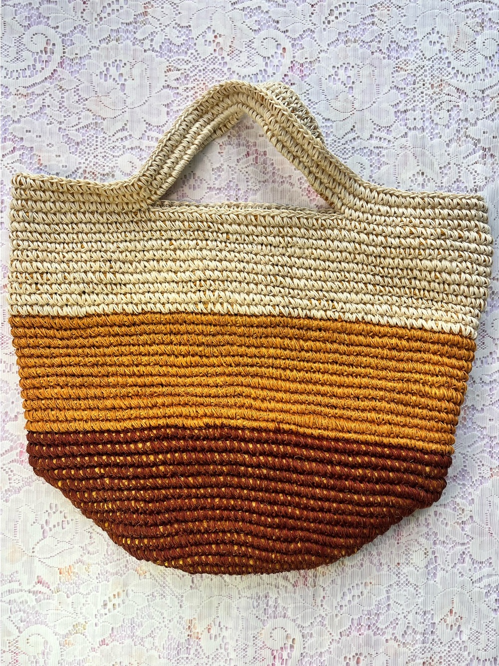 handwoven color block basket tote cream rust boho storage market bag